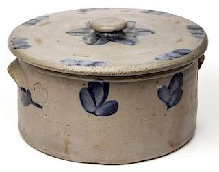 STAMPED "P. HERRMANN.", BALTIMORE, MARYLAND DECORATED STONEWARE CAKE CROCK WITH COVER