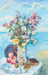 David Davidovich Burliuk, (American/Ukranian, 1882-1967), Still Life with Flowers on the Shore, 1953
