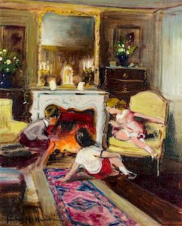 Jules Rene Herve, (French, 1887-1981), Children by the Fireplace