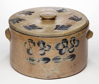 BALTIMORE, MARYLAND DECORATED STONEWARE CAKE CROCK WITH COVER
