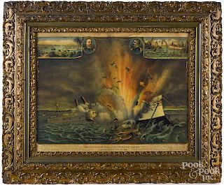 Kurz & Allison chromolithograph, titled Destruction of the U.S. Battleship Maine, 18'' x 25''.