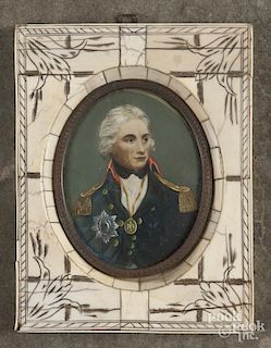 Miniature portrait on ivory of Lord Nelson, signed Cabaune, with a floral embellished ivory frame