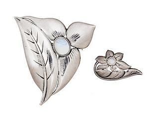 A Collection of Sterling Silver and Moonstone Flower Brooch, Georg Jensen USA, 14.20 dwts.