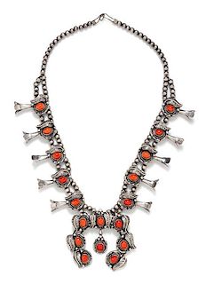* A Silver and Coral Squash Blossom Necklace, James Valencia, San Felipe Pueblo, 120.20 dwts.