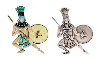 A Pair of Sterling Silver and Polychrome Enamel Warrior Pendants, Margot de Taxco, 19.00 dwts.