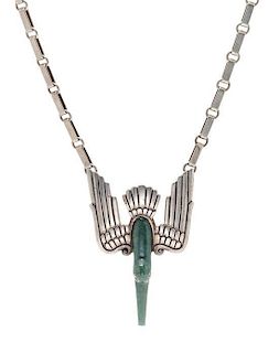 A Silver, 14 Karat Yellow Gold and Green Hardstone Bird Motif Necklace, Ezequiel Tapia, 53.90 dwts.