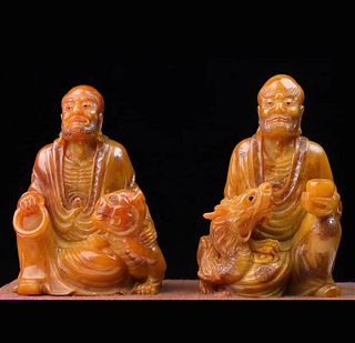 PAIR OF TIANHUANG STONE CARVED ARHAT STATUES
