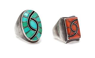 * A Collection of Silver, Turquoise and Coral Hummingbird Motif Rings, Dickie Quandelacy, Zuni, 30.50 dwts.