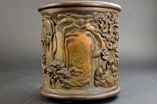 BAMBOO BRUSH HOLDER CARVED WITH CHARACTER STORY