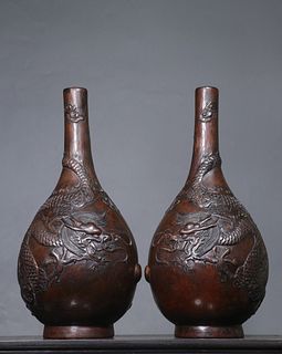 PAIR OF CHENXIANG WOOD CARVED DRAGON VASES