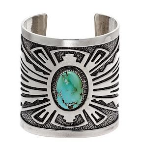 * A Sterling Silver and Turquoise Overlay Cuff Bracelet, Native American, 76.70 dwts.