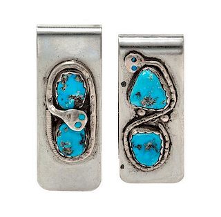 A Collection of Silver and Turquoise Snake Motif Money Clips, Effie Calavaza, Zuni, 23.30 dwts.