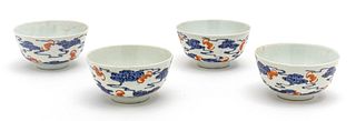 Chinese Blue & Iron Red Porcelain Bat Bowls, H 2.5'' Dia. 4.5'' 4 pcs