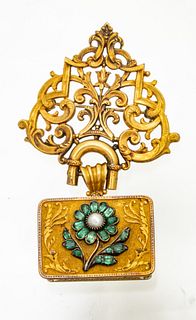 Brooch With 18K Yellow Gold French Vinaigrette, Green Emeralds H 2.7'' W 1.5'' 38g