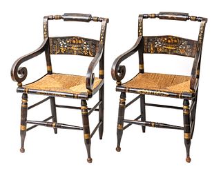 Sheraton Painted Hitchcock Arm Chairs, C. 1840, Pair, H 33", W 21", D 16"