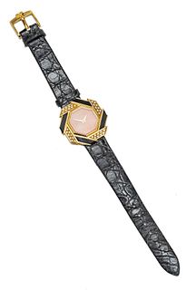 Delarnau Swiss, 18 Kt. Yellow Gold, Diamond, And Black Onyx Wrist Watch