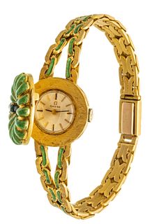 Omega 18K Yellow Gold Covered Bracelet Watch, Enamel, #772 C. 1970, L 6.8'' 47g