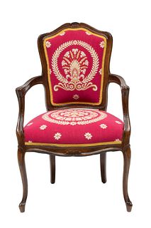 French Louis XV Style Needlepoint Upholstered Armchair, H 38.5'' W 24'' Depth 20''