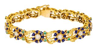 14K Gold Link Bracelet, Opals, Emeralds L 7''