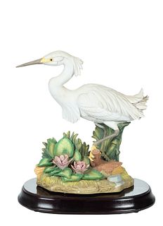 Bisque Porcelain Figurine & Musical Base, White Crane, H 10.5'' W 5'' L 10''