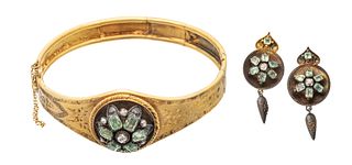 Gold Bracelet, Rough Cut Emeralds And Earrings C. 1900, 24g 3 pcs