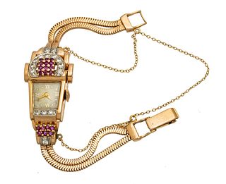 Art Deco 14k Rose Gold, Rubies And Diamonds Wrist Watch C. 1940, L 5.5'' 27g