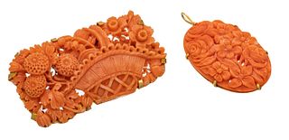 Carved Pink Coral Pendent & Coral Brooch, Italy C. 1900, 2 pcs