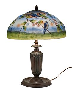 Reverse Painted, "Blue Bird", Glass And Spelter Table Lamp, H 23'' W 17''