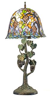 Stained And Leaded Glass, Bronze Table Lamp H 44'' Dia. 20''