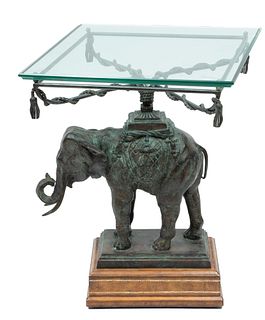 Maitland-Smith (British) Bronze Elephant & Tooled Leather Occasional Table, H 25'' W 19'' L 20''