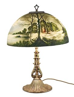 Art Painted Glass Shade And Metal Base Table Lamp, H 21'' Dia. 16''