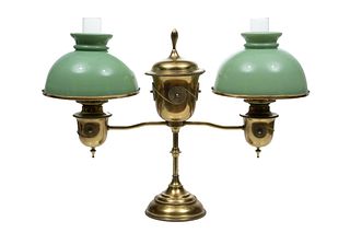 Brass Student Two Light Oil Lamp Green Glass Shades, C. 19th.c., H 20'' W 28.75''