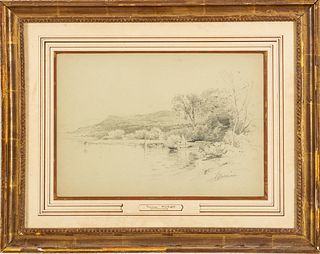 Thomas Moran (American, 1837-1926) Graphite On Paper, Landscape Scene, H 9.5'' W 13''