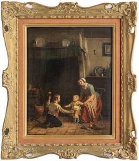 Constant Van De Wyngaert (Belgian B. 1840) Oil On Board, 1868, H 20", W 16", Baby's First Steps