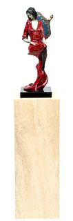 Itzchak Tarkay (Israeli, 1935-2012) Painted Bronze With Marble Base And Pedestal, 1994, Lady In Red, H 18.25''