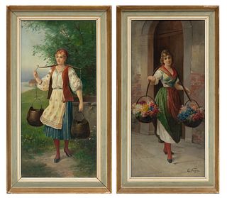 C. Vega Oils On Canvas,  Late 19th/early 20th C., Flower Girl And Girl With Water Pails, H 20'' W 10''