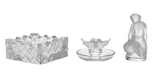 Lalique (French) Crystal Figurine, Ring Holder & Ash Receiver, H 2'' Dia. 3.75'' 3 pcs