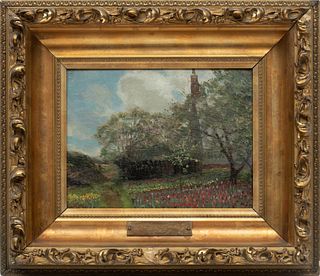 Henry George Keller (American, 1869-1949) Oil On Board, "A Tulip Garden", H 14'' W 16.5''