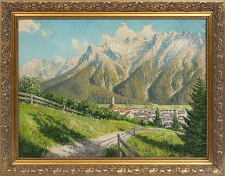 Karl Meyer-Nieting (German, 1900-1980) Oil On Canvas, Wetterstein Mountains With Village, H 23'' W 31''