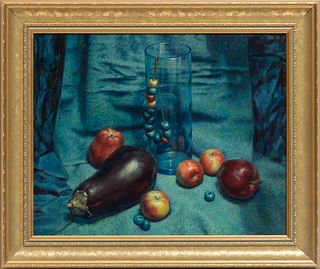 Realism Oil On Canvas Board, C. 1990, Still Life Of Fruit, H 15.5'' W 19.5''