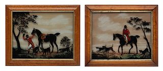 Reverse Paintings On Glass, Silhouette Hunting Figures, Horses, Hounds 1930 Pair H 12 W 15