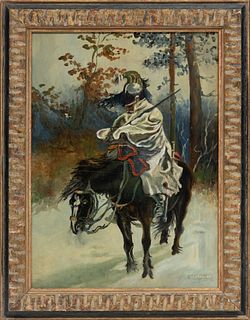 After Wojciech Kossak, Oil On Canvas Mounted To Board,  20th C., French Cuirassier On Sentry Duty, H 19'' W 14''