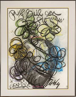 Dale Chihuly (American, 1941) Ink And Chalk Pastel On Paper, Puff Ball Con Flowers, H 30'' W 22''