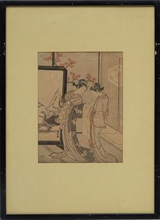 Suzuki Harunobu (Japanese) Woodblock Prints In Colors On Paper, Two Geishas, H 9.5'' W 7.25''