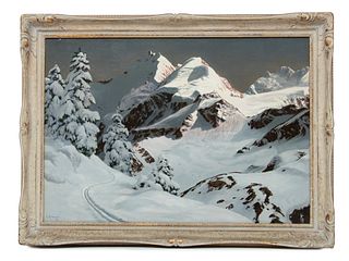 Alois Arnegger (Austrian, 1879-1967) Oil On Canvas Mounted To Board, Alpine Landscape, H 27.5'' W 39.5''