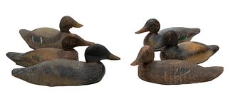 Polychrome Carved Wood Duck Figurines, W 5.5'' L 15.5'' 6 pcs