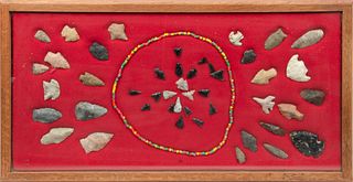 Group Of Native American Stone Arrowheads And Necklace, Approx. 45+