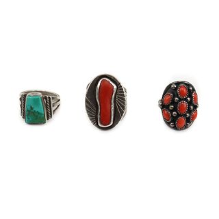 NO RESERVE - B. Touchine, Set of 3 Turquoise and Coral Rings, size 8.75  (J90506A-0210-007)