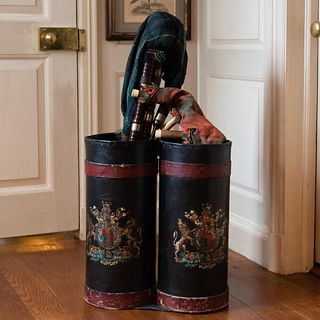 Pair of English Painted Leather Cane Stands together with Bagpipes
