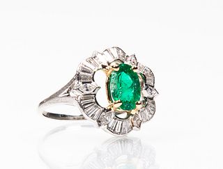 Retro Platinum Diamond and Emerald Cocktail Ring